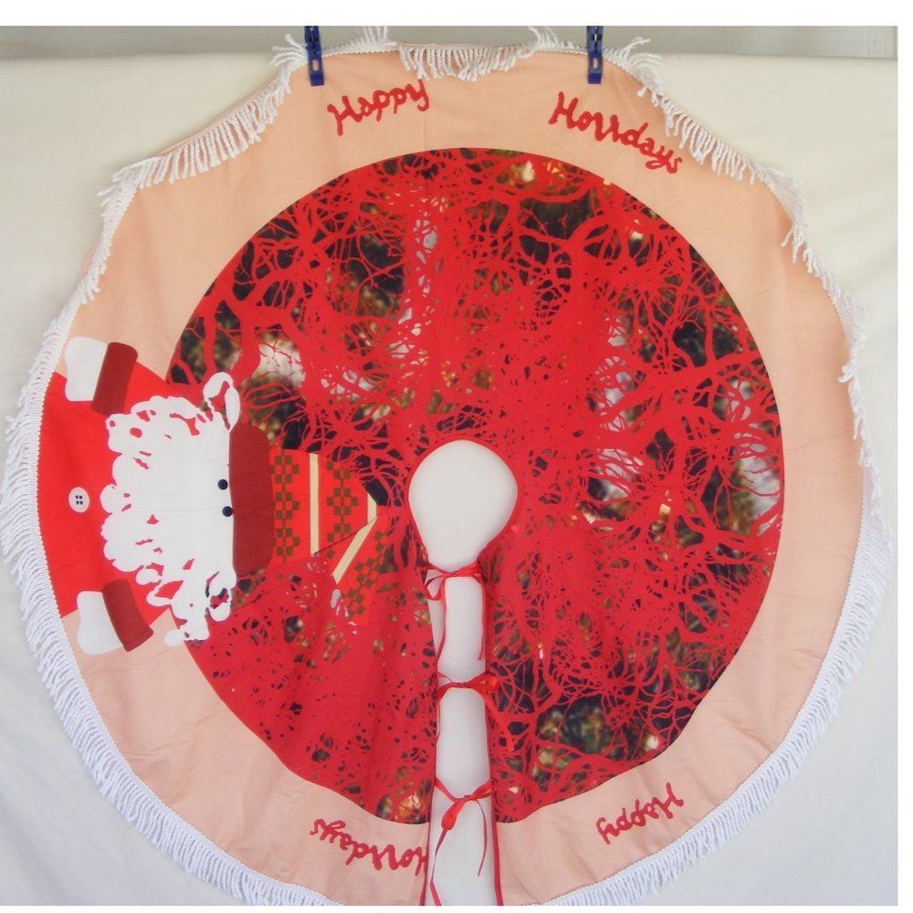 CHRISTMAS TREE SKIRT, OS, Santa, Fringe, Ties